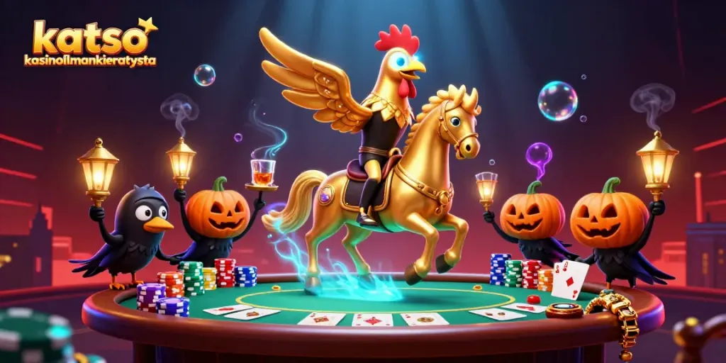 Experience thrills at katso kasinoilmankierratysta featuring a golden rooster in a vivid casino scene.