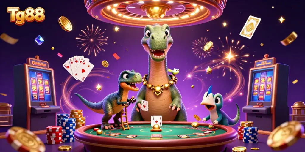 Tg88 casino scene with a giant brontosaurus overlooking poker and vibrant gaming elements