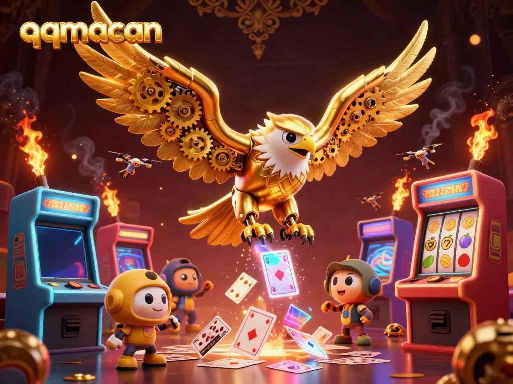 Experience thrilling casino action with qqmacan's cybernetic eagle amidst cascading playing cards and golden treasures.