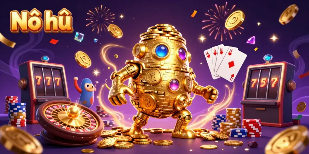 Engage with Nổ hũ through this vibrant 3D scene featuring a golden golem and casino symbols.