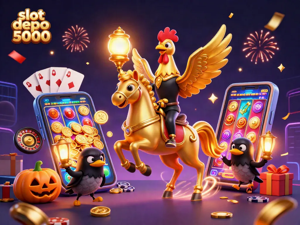 Experience the thrill of slot depo 5000 with golden rooster and spectral horse in a vibrant casino.