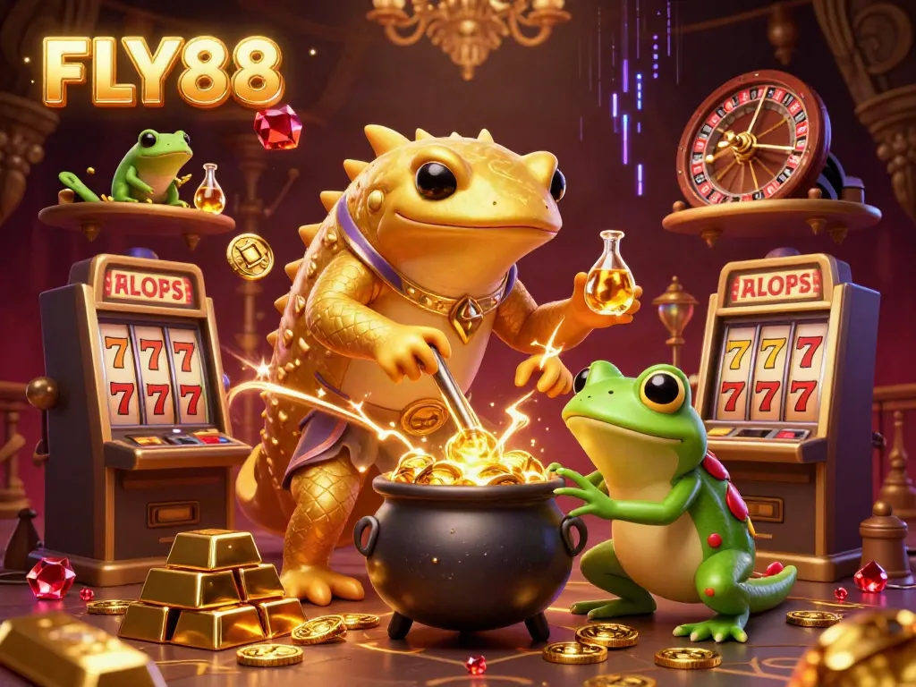 Experience thrilling wins with FLY88 in a vibrant casino-themed scene full of elements.