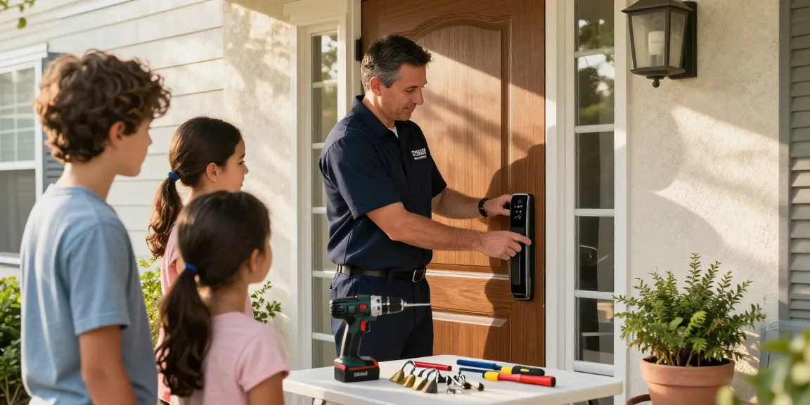 Locksmith Raleigh NC demonstrating smart lock installation for a family in their home entrance