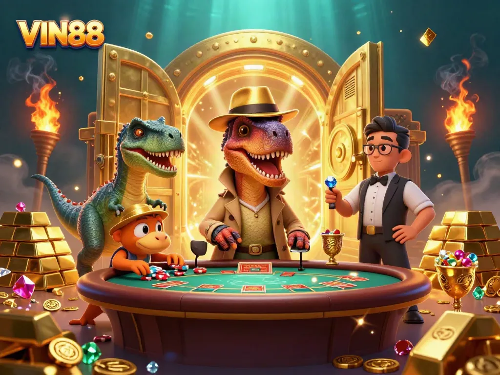 Immerse in the thrilling action at VIN88 as a velociraptor card counter sneaks chips amidst dazzling casino treasures.