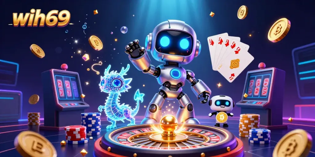 Kejar kemenangan dengan wih69, robot cyberpunk, naga holografik, dan simbol bitcoin di kancah permainan online.