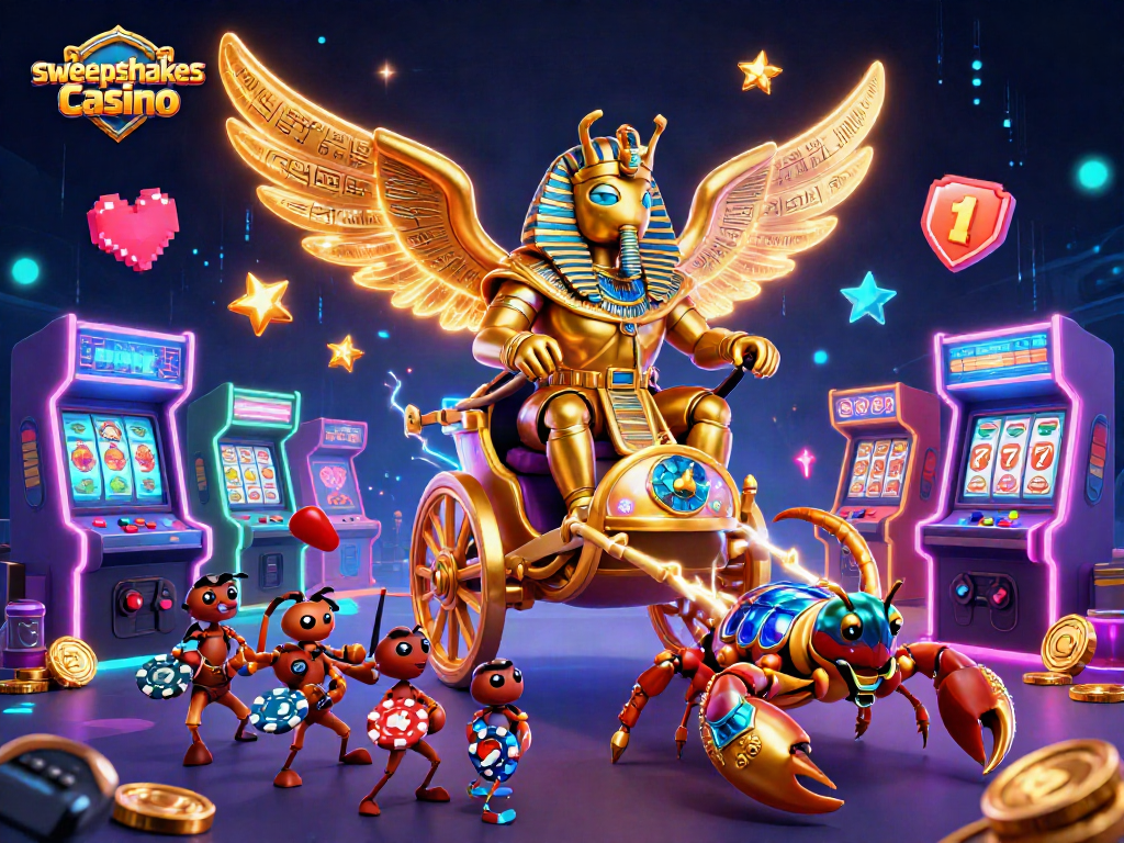 Join the sweepstakes casino adventure with a glowing golden scarab and scorpions in a dynamic gaming scene.
