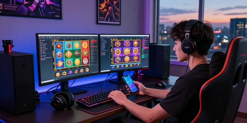 Engaged user exploring bos88's online gaming platform with colorful visuals and gaming accessories.