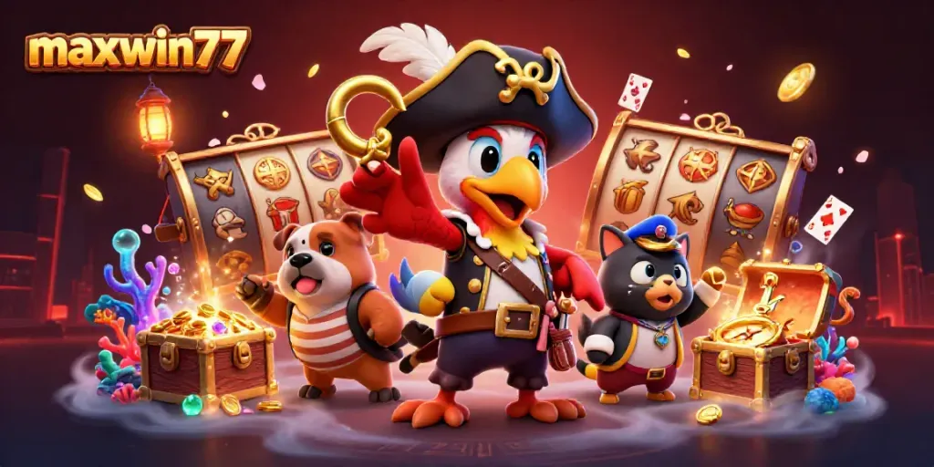 Engage with maxwin77 at this vibrant casino-themed 3D illustration featuring pirate and nautical elements.