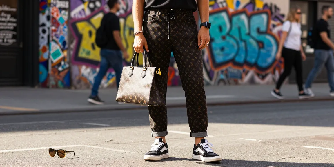 Stylish individual showcasing 레플리카 fashion on a vibrant city street with accessories.