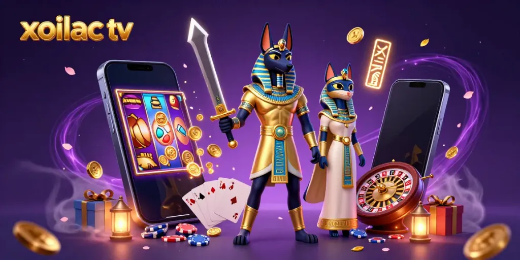 Xoilac TV engaging in vibrant slot gameplay with ancient Egyptian characters