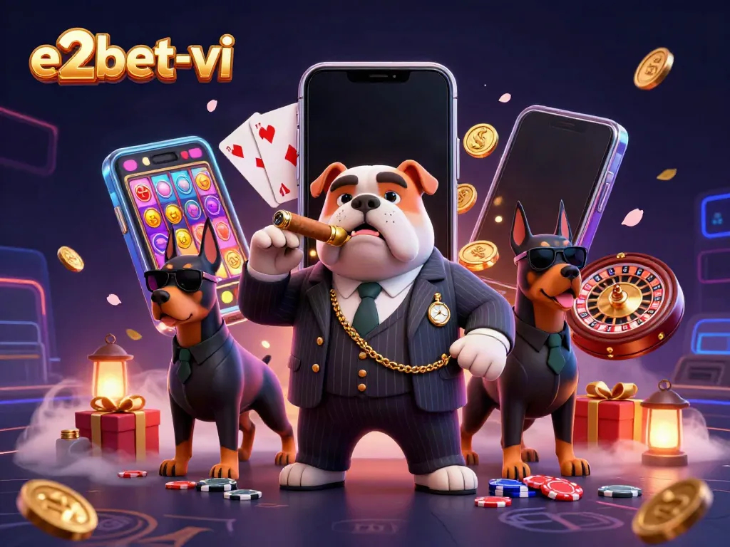 Engage in thrilling gameplay with e2bet-vi, featuring a mafia boss bulldog and dynamic casino elements.