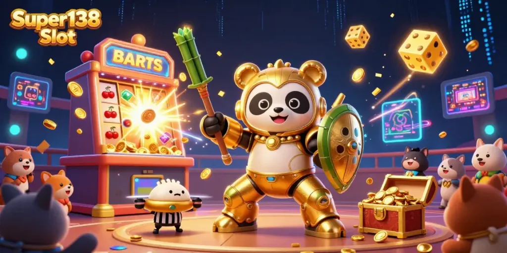 Enjoy the excitement of Super138 Slot with the golden panda and dynamic gaming elements!