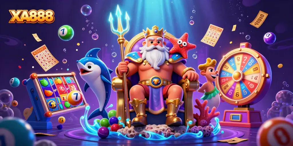 XA888 gambling illustration featuring a cartoon sea king with vibrant slot elements and a magical ocean backdrop.