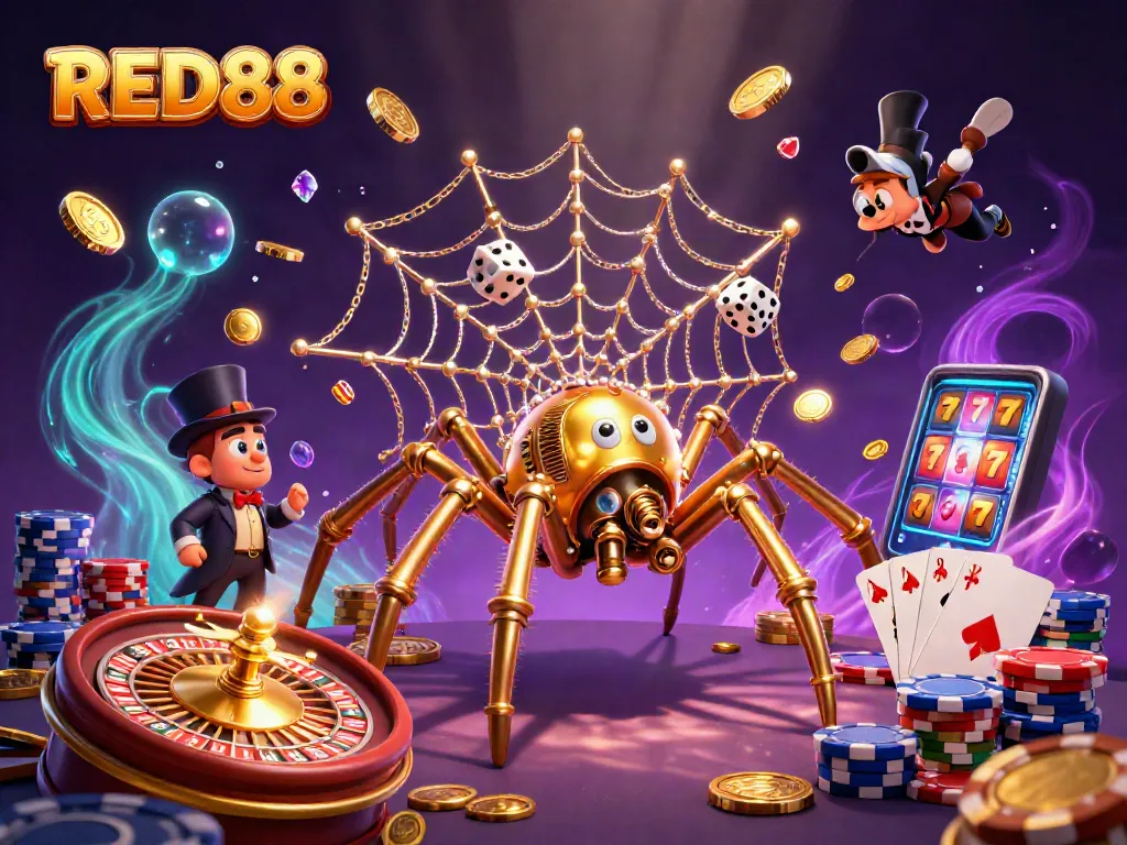 RED88 enhances your luck with a 3D casino-themed digital art illustrating thrilling gaming elements.