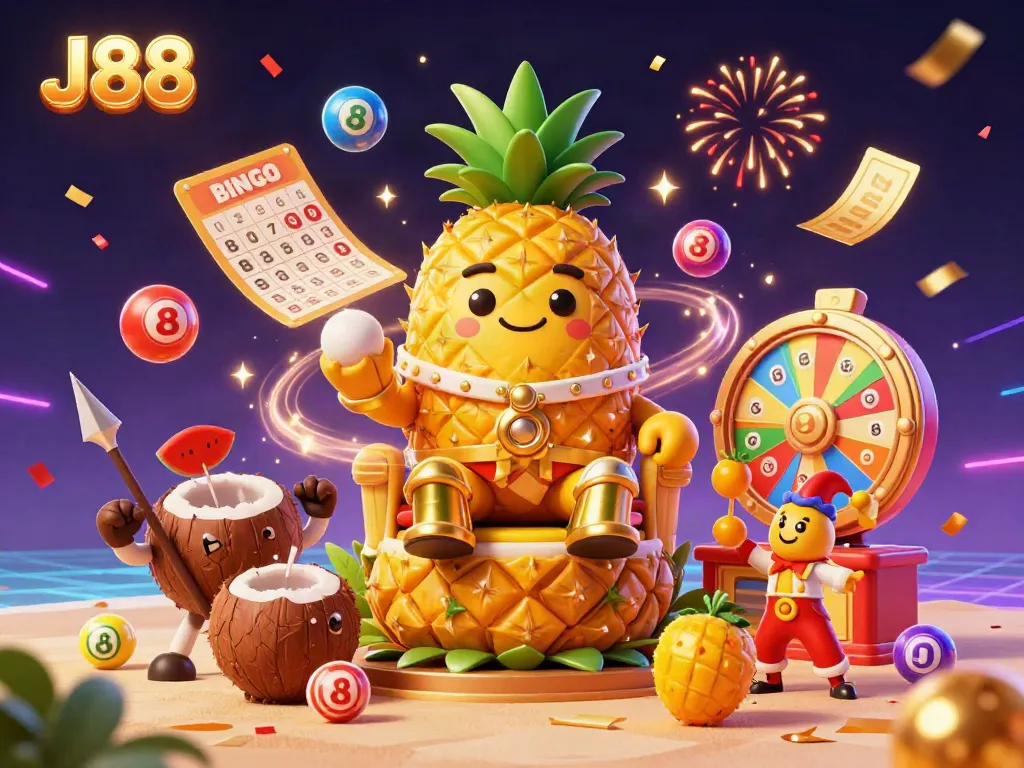 Experience vibrant casino excitement with J88 featuring a golden pineapple king surrounded by dynamic gaming elements.