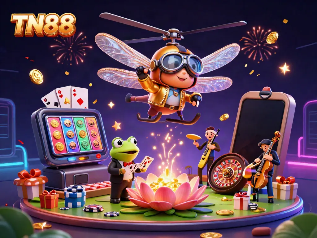 Engage with thrilling games at TN88 in an energetic 3D casino scene featuring a dragonfly pilot and frog croupier.