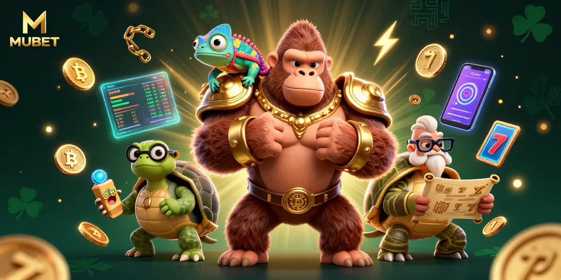 MUBET themed dynamic casino illustration featuring a gorilla king, chameleon, and tortoise amidst vibrant slot game elements.