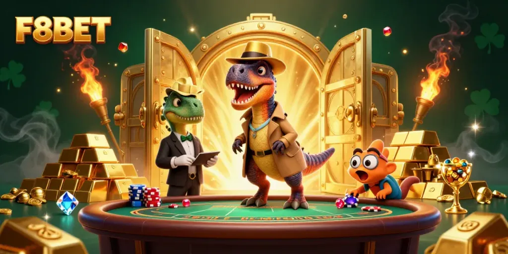 Experience thrilling F8BET gameplay with cartoon dinosaurs at a vibrant casino scene.