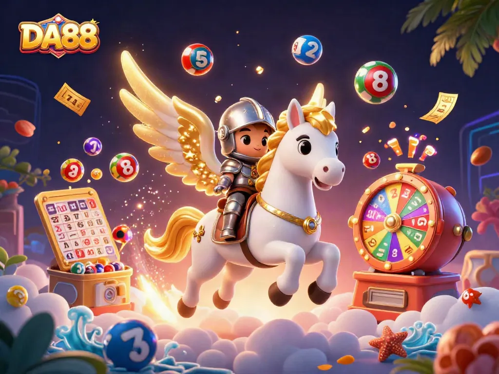 Engage in thrilling gameplay with DA88, featuring dynamic lottery elements and a celestial scene.