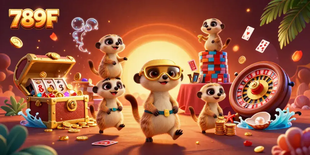 Engage in thrilling casino operations with 789F's cartoon meerkats managing games and treasures in a vibrant scene.