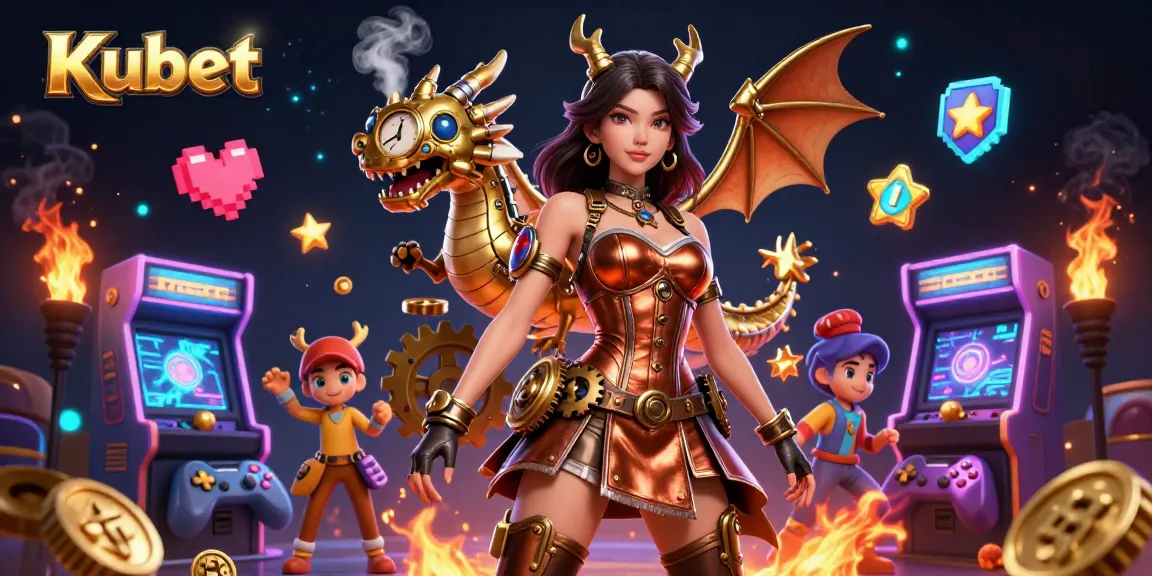 Kubet offers an exciting gaming experience highlighting a stunning woman, a clockwork dragon, and vibrant elements, capturing live casino energy.