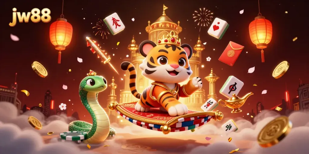 Experience the magic of jw88 with a sultan on a poker chip carpet and a genie in a vibrant casino world.