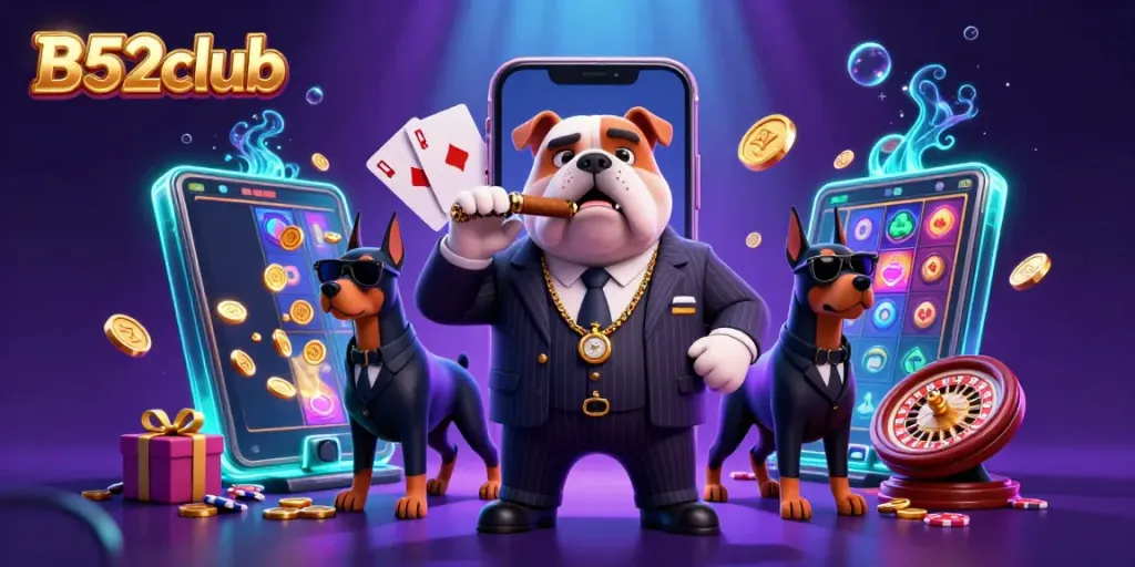 Experience thrilling gameplay with B52club's captivating 3D scene of a bulldog mafia boss and bodyguards.