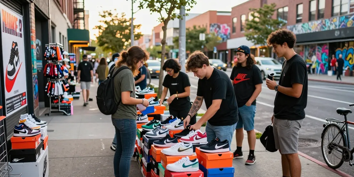 Nike sneakers pallets for Sale stacked in vibrant urban marketplace with people exploring options.