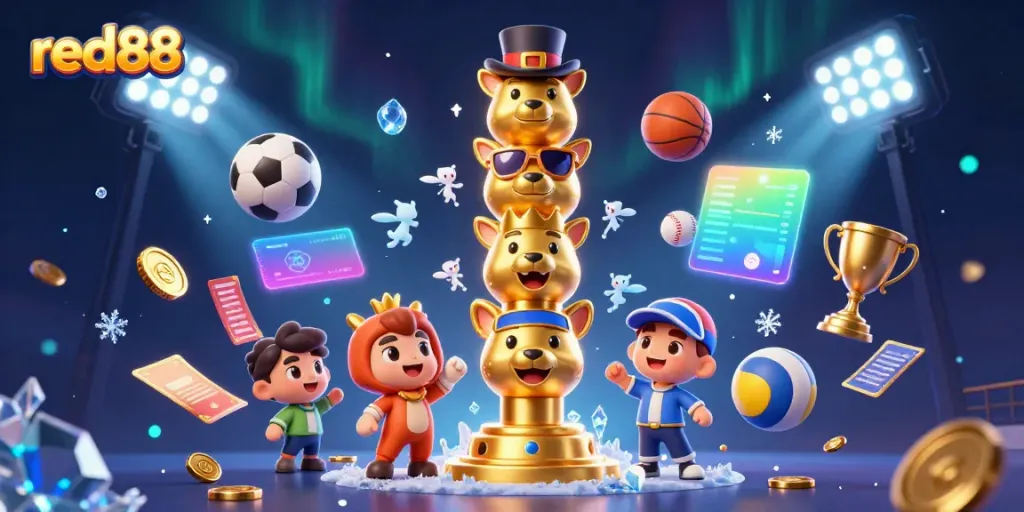 Experience red88's thrilling casino world with animated totems and dynamic sports elements.