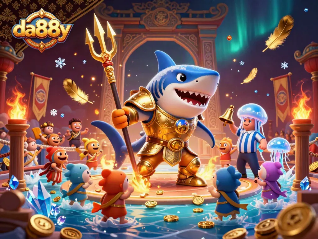 Experience the thrill of da88y with a fierce tiger shark in gladiator armor surrounded by dynamic betting elements.