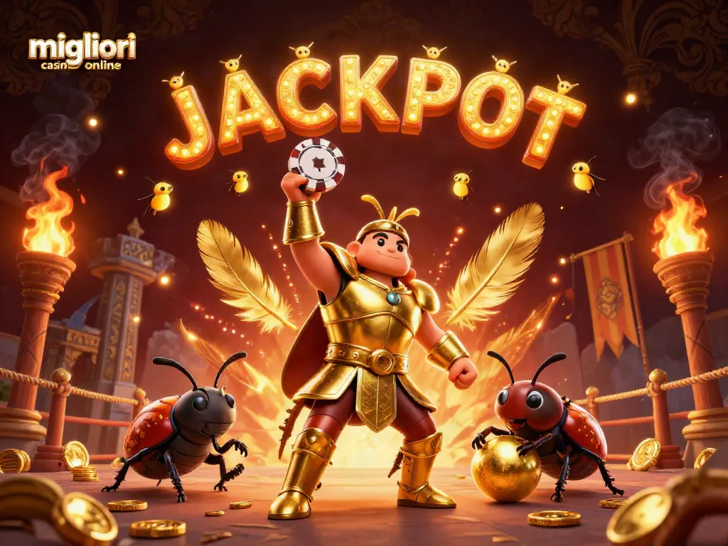 I migliori casino online mostrano un'illustrazione vivace con uno scarabeo in armatura che festeggia un jackpot.