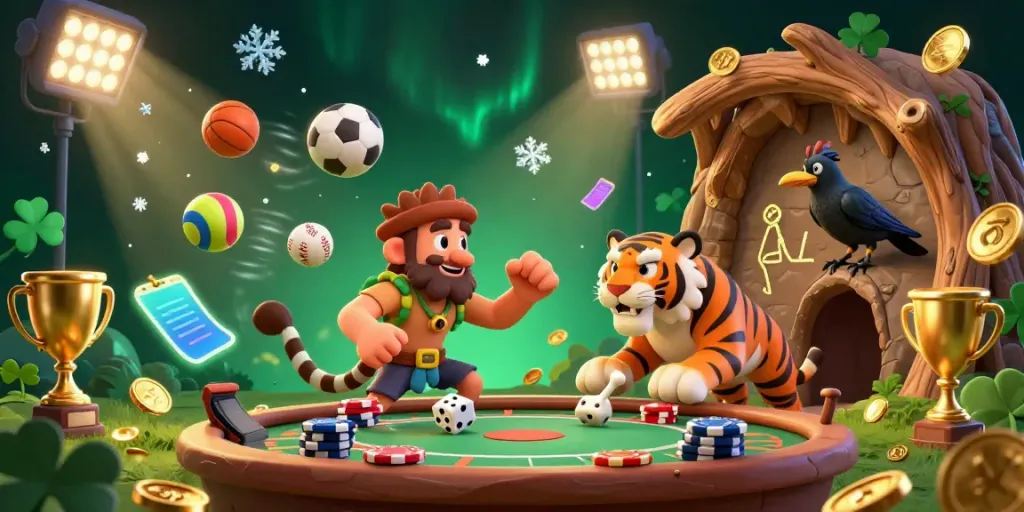 Piktotoapk features a dynamic 3D cartoon prehistoric casino scene with characters and sports balls for engaging gameplay.