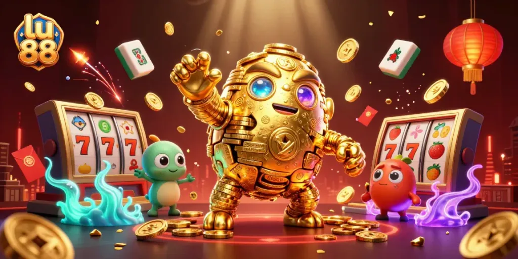 Experience thrilling games with lu 88's vibrant gold golem and dynamic slot machine elements.