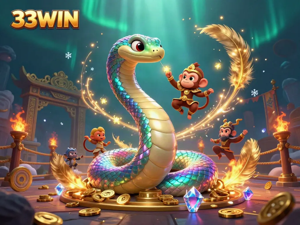 Engaging illustration depicting 33WIN themed characters and elements in a dynamic casino scene, showcasing excitement.