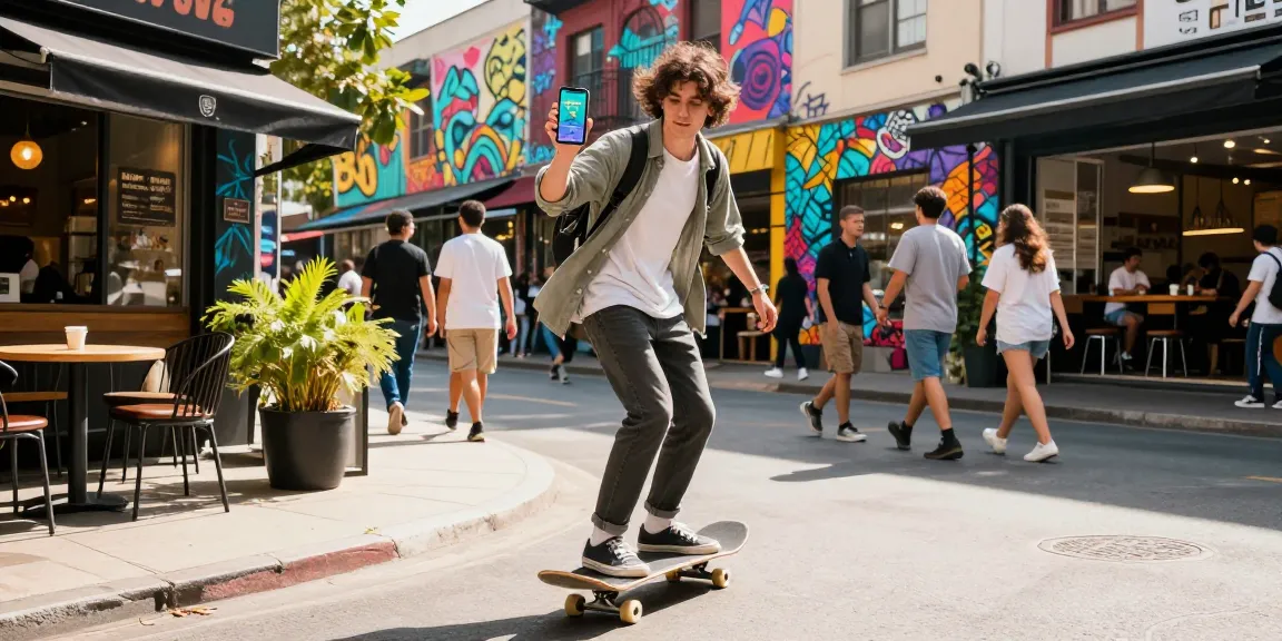 Riding the skateboard while using the rokok88 app in a lively urban scene.