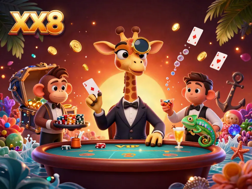 Experience the vibrant atmosphere of XX8 with a high-roller giraffe at a VIP poker table surrounded by exciting gaming elements.
