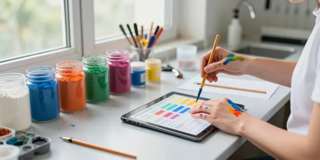 Color mixing artist working with HueAlchemy pigments in a vibrant laboratory.