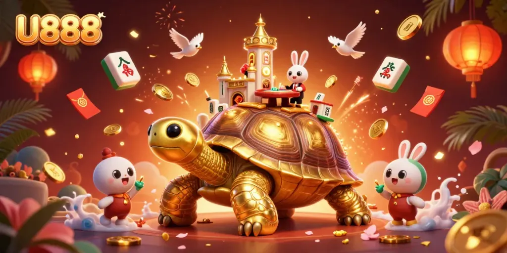 Experience excitement at U888 with a golden tortoise casino and bird dealers amidst vibrant festive elements.
