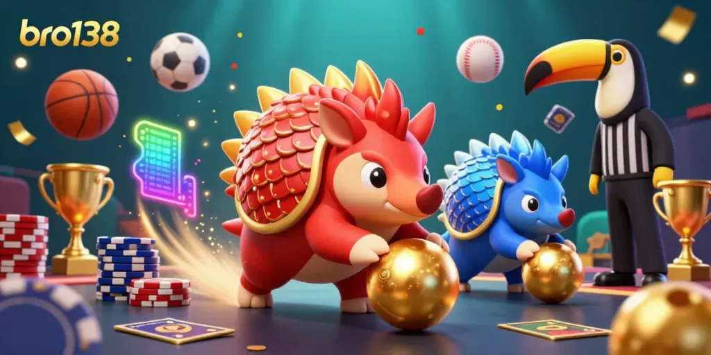 Experience thrilling wins at bro138 with rival pangolins bowling through poker chips in a vibrant 3D scene.