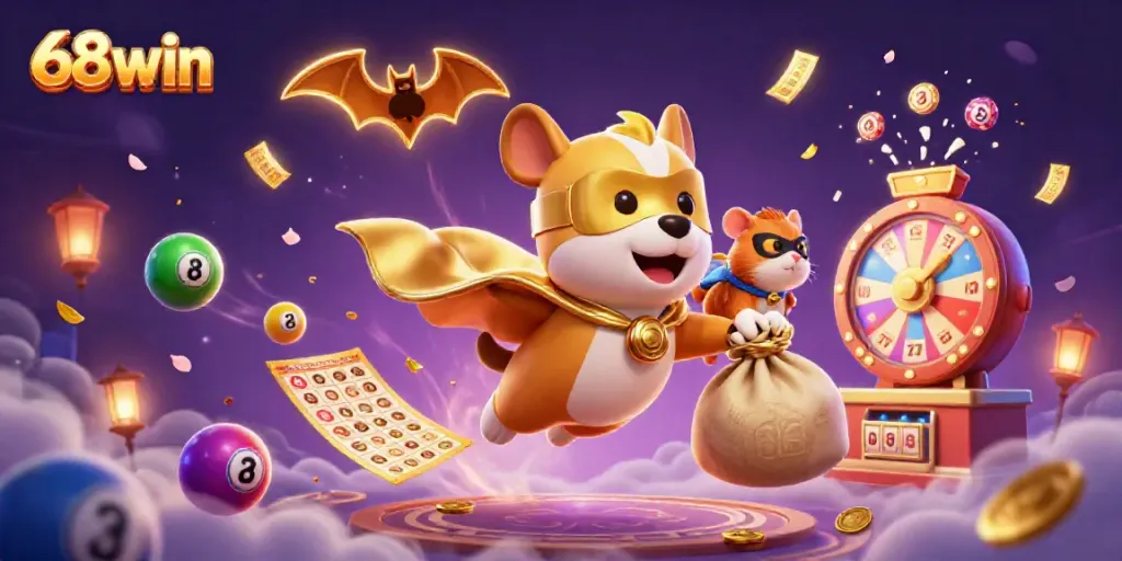 Experience thrilling wins with 68win as a superhero dog soars through a vibrant casino setting
