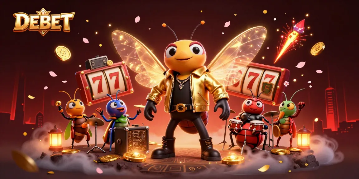 Experience thrilling DEBET slot action with a rock star cicada and amigos in a vibrant casino scene.