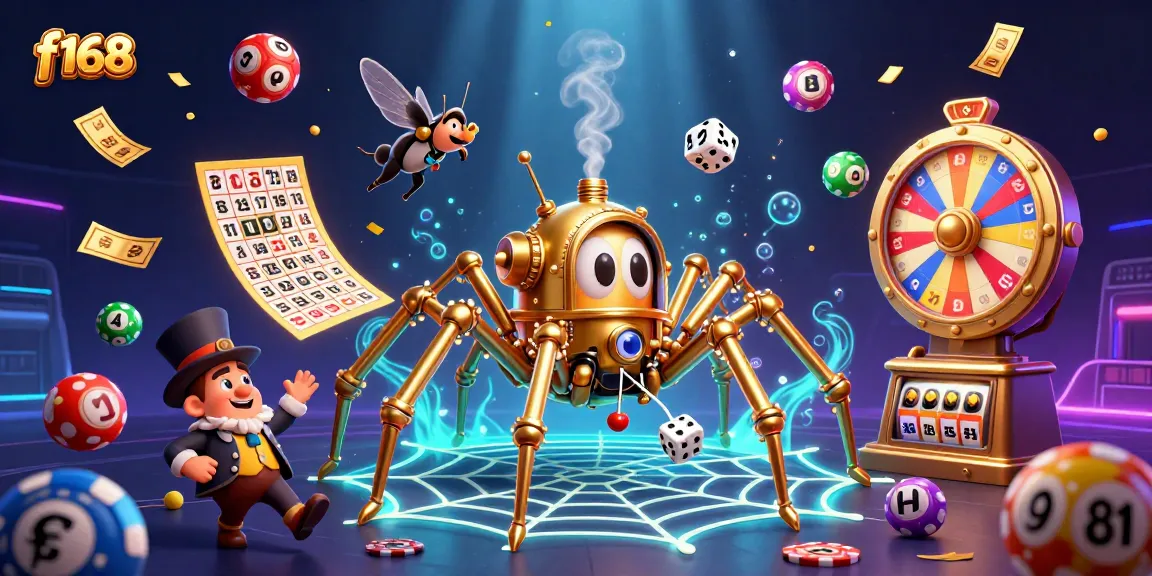 Feel the excitement of winning at f168 with colorful lottery balls and a steampunk spider in action.