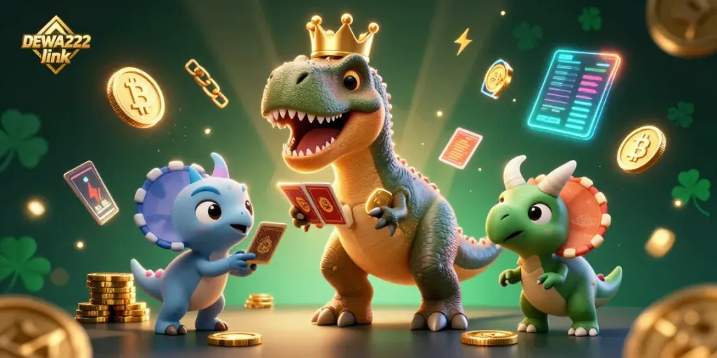 Engage with the exciting DEWA222 link while a T-Rex shuffles cards and friends stack golden chips in a vibrant casino scene.