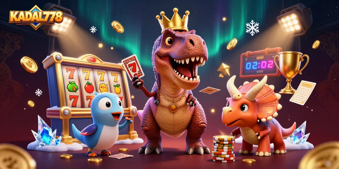 KADAL778 showcases a vibrant casino scene with T-Rex shuffling cards and triceratops stacking chips, emphasizing exciting gameplay.