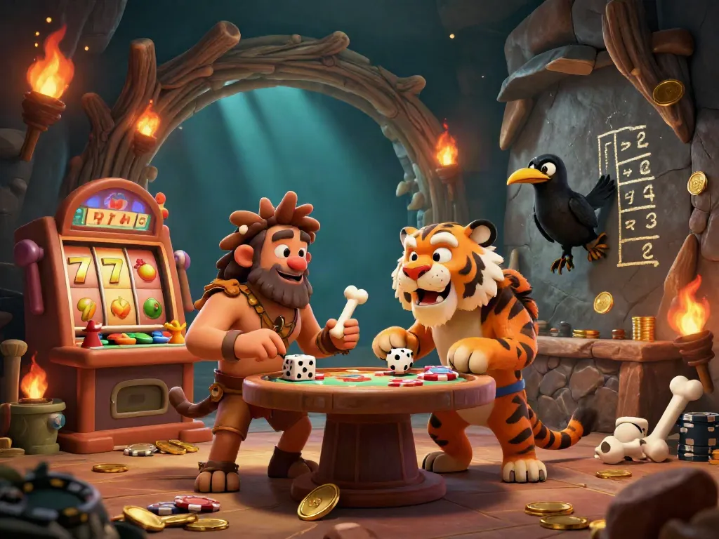 Experience the vibrant gameplay at 222bd com with our animated caveman casino scene featuring stone chips and slots.