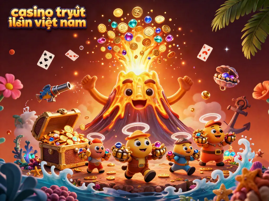 Trải nghiệm sòng bạc trực tuyến Việt Nam với hình ảnh núi lửa bằng vàng phun tiền xu và kho báu.