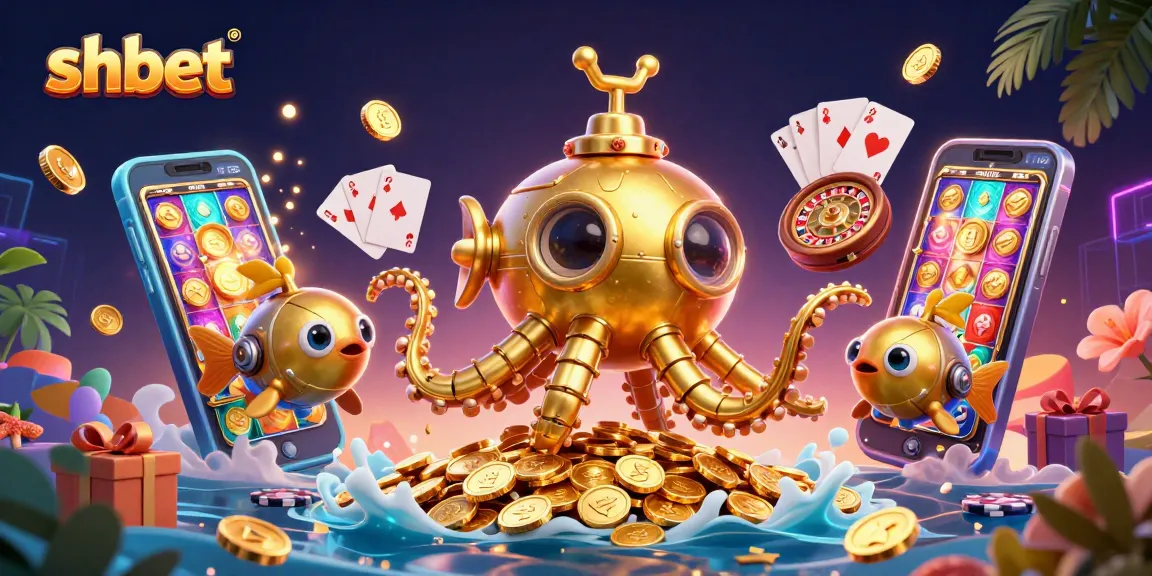 Experience shbet's dynamic gaming journey with an ultra-detailed 3D illustration of a kraken submarine amidst coins and casino elements.