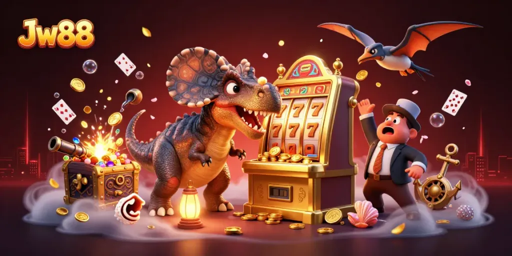 Jw88 slots scene showcasing a dinosaur jackpot celebration with coins and vibrant casino elements