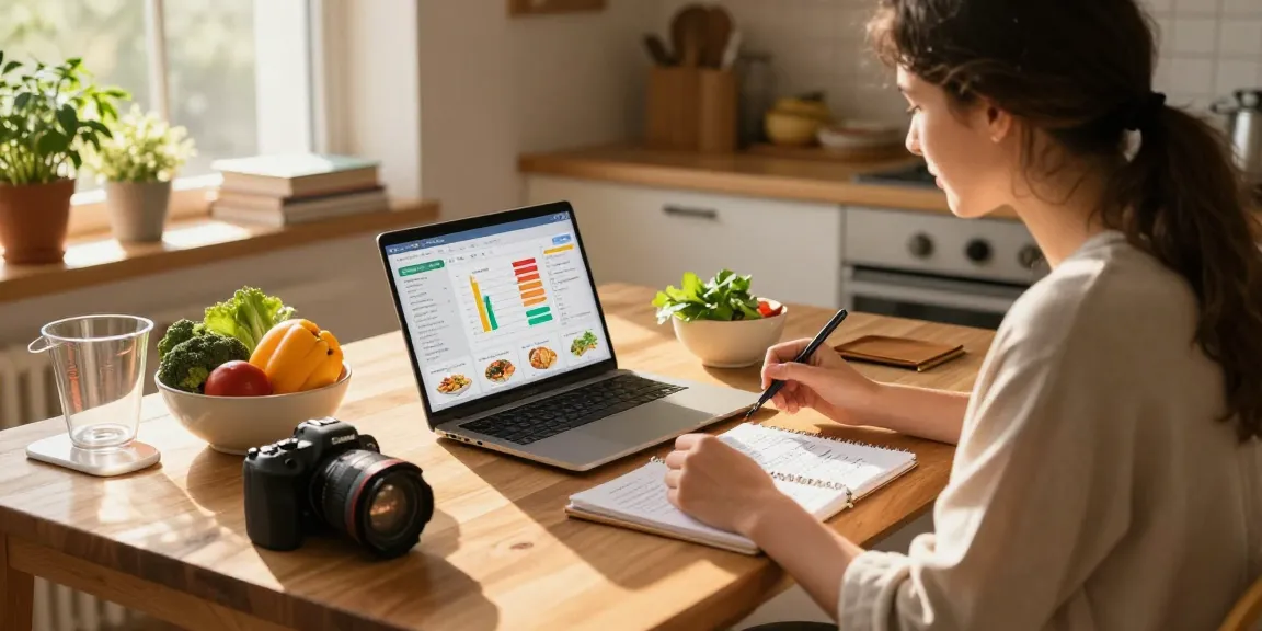 Nutritionist designing meal plans using the best food tracking app in a cozy kitchen setting.
