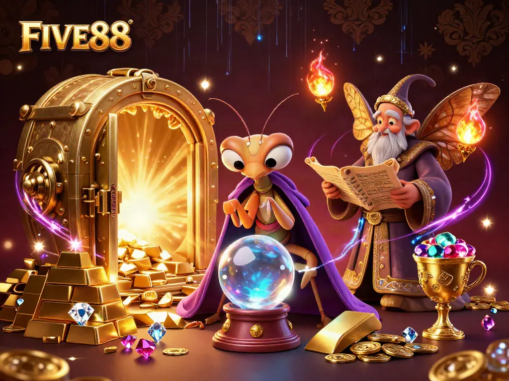 Engage with FIVE88 at the casino captured in an ultra-detailed 3D illustration, showing lively gambling elements.